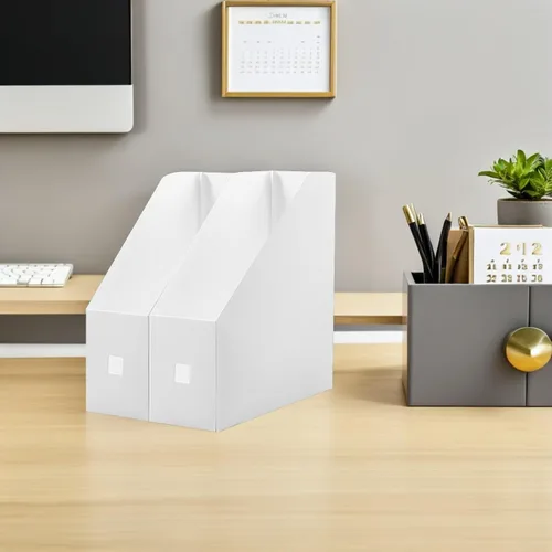 Vista 4 de 2 estantes de almacenamiento de archivos de plástico para organizador de escritorio, blanco, 20 pulgadas