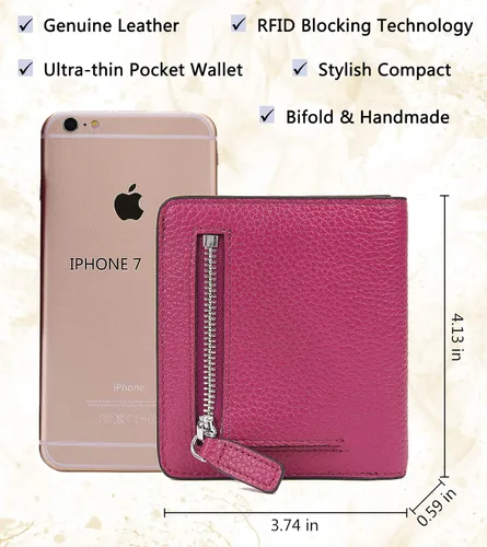 Vista 5 de BIG SALE-AINIMOER billetera de bolsillo pequeña con cremallera, plegable, compacta de cuero con bloqueo por identificación por radiofrecuencia