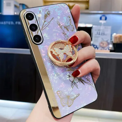 Vista 4 de Funda para Galaxy S22 con función atril, bonita carcasa de mármol con diseño floral y soporte de anillo, elegante funda protectora a prueba