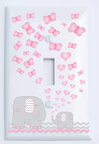 Vista 4 de Placa de interruptor de luz de elefante rosa y cubiertas de salida GFCI para decoración de guardería con corazones y mariposas de cheurones grises