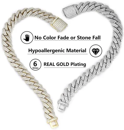 Vista 2 de Luxfine Pulsera de eslabones cubanos de 0.472in, hipoalergénica, chapada en oro real de 14 quilates, joyería de hip hop helada, joyería de hip hop
