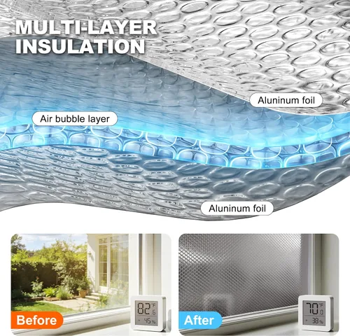 Vista 2 de Aislamiento de ventana para el calor del verano, rollo de aislamiento reflectante de burbujas de 16" x 10 FT, película reflectante para ventana
