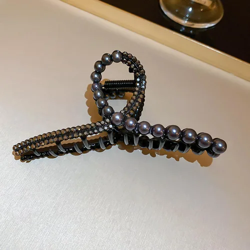 Vista 3 de Wiwpar Pinza de pelo de perlas negras con diamantes de imitación, pasador de plátano antideslizante con fuerte sujeción para mujeres y niñas, fiesta
