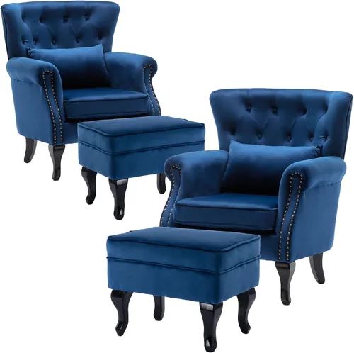 Vista 17 de Juego de 2 sillas decorativas modernas de mediados de siglo, sillón de tela de lino con respaldo acolchado/patas de madera, sillón de descanso