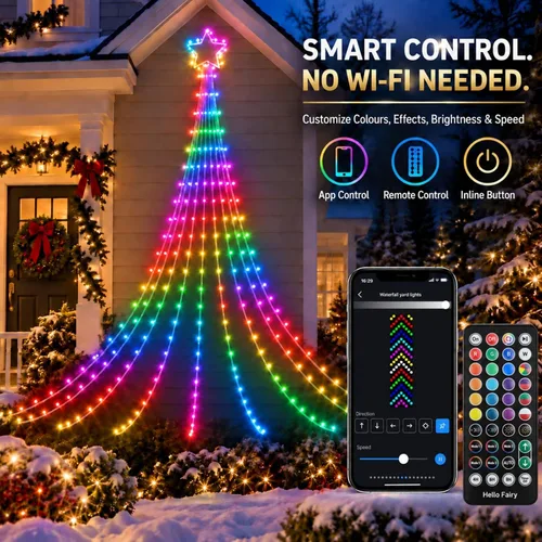Vista 6 de Luces de decoración navideña para exteriores con estrella, pantalla inteligente de bricolaje personalizada de 100 modos, 3.6 m, cascada de árbol