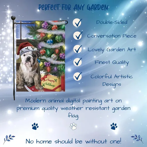 Vista 5 de Doggie of the Day Banderas de jardín Bulldog – Árbol de Navidad con regalos – Doble cara – Regalo decorativo de primavera para patio – Decoración