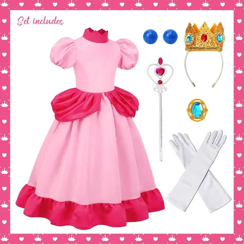 Vista 3 de CONGRU Disfraz de princesa melocotón para niñas, vestido de princesa melocotón con accesorios para Halloween, cosplay