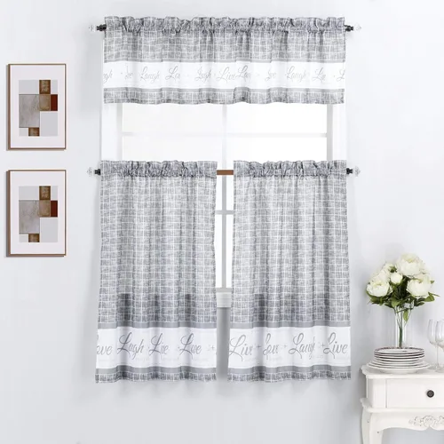 Vista 6 de Interior Trends Juego de 3 paneles de cortina y cenefa para ventana de cocina (juego de niveles de 36 pulgadas, coral con flores de pájaro)