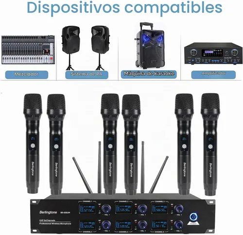 Vista 4 de ) Sistema de micrófono inalámbrico UHF de 6 canales Micrófono inalámbrico con metal de mano, canal de frecuencia fija, micrófono dinámico