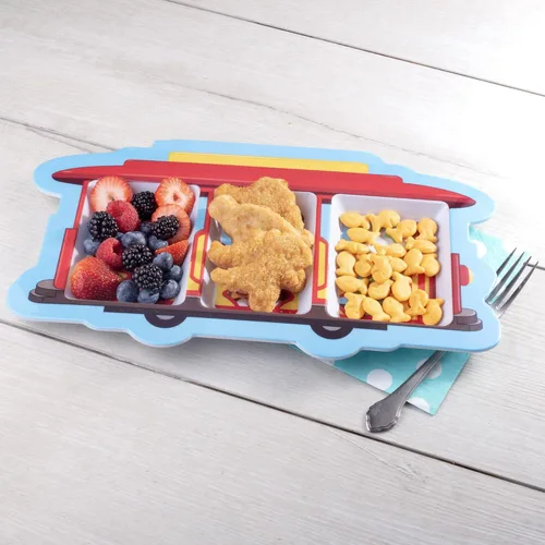Vista 6 de Daniel Tiger - Juego de platos de alimentación de melamina, cuatro (4) lindos platos para niños con Daniel, carrito y amigos, compartimentos