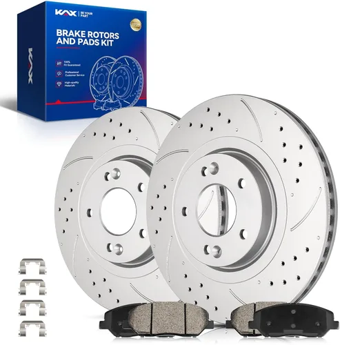 Vista 64 de Kit de freno delantero KAX, rotores de freno ranurados y con hendiduras, pastillas de freno cerámicas Compatible con Honda Accord 1990 1991 1992