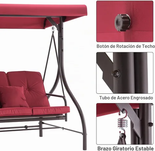 Vista 6 de MCombo - Silla de columpio para patio al aire libre, respaldo ajustable y dosel, silla de columpio para porche, con cojines, 3 asientos