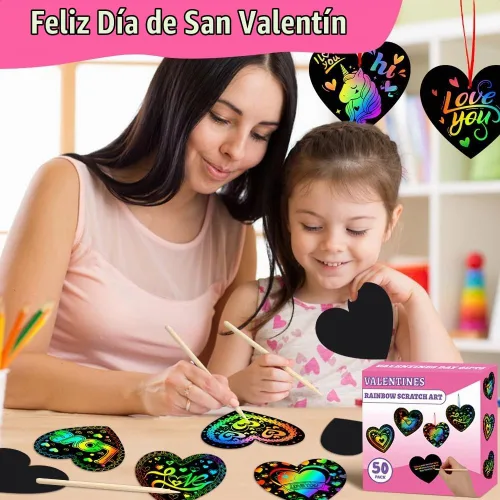 Vista 3 de MDCGFOD Paquete de 50 regalos para el día de San Valentín para niños, cuna de corazón para arañar arco iris, manualidades de San Valentín para 50
