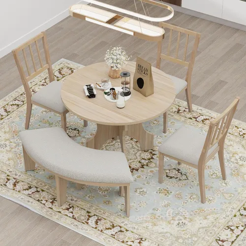 Vista 18 de Juego de mesa de comedor funcional retro de 5 piezas, mesa de comedor redonda extensible de madera y 4 sillas de comedor tapizadas para restaurante