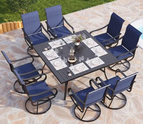 Vista 16 de PHI VILLA Juego de comedor de 5 piezas para patio al aire libre con sillas giratorias (azul) y mesa de comedor de acero de metal de 37 x 37 pulgadas