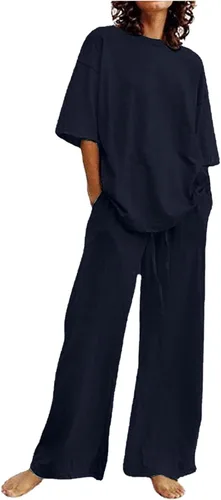 Vista 39 de Conjuntos de verano de 2 piezas para mujer, conjuntos elegantes y casuales de color liso, para verano, otoño, cuello redondo, tops y pantalones
