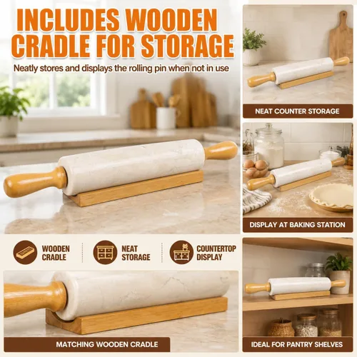 Vista 5 de Creative Home Rodillo de mármol de 18 pulgadas con asas de madera y cuna, se mantiene fresco de forma natural, piedra duradera para un control