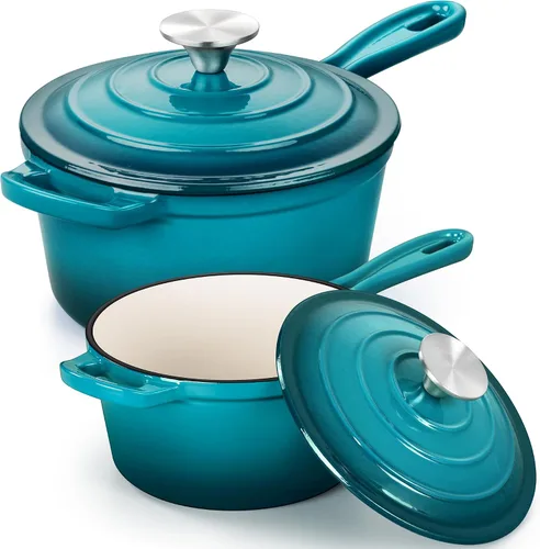 Vista 32 de E-far Sartén de hierro fundido esmaltado con tapa, cacerola de horno holandés de 1 cuarto de galón, mini olla para cocinar, hervir, saludable