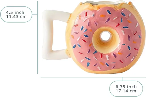 Vista 3 de Comfify Taza de cerámica con forma de dona – Esmalte rosa con chispas – Divertida cita "MMM... Donuts!" – Taza de café de 14 onzas para té