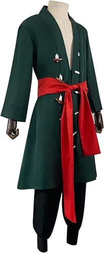 Vista 5 de Roronoa - Disfraz de cosplay de una pieza, kimono de capa de Halloween, color verde para hombre