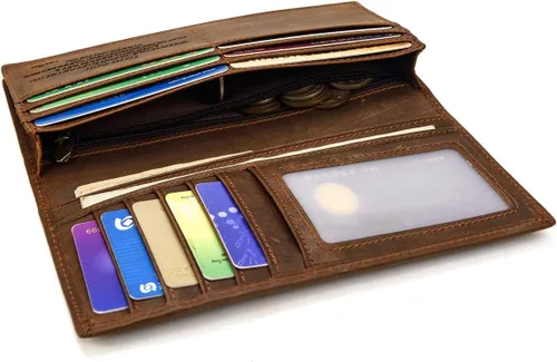 Vista 7 de Billetera larga de cuero genuino para hombre, cartera plegable grabada