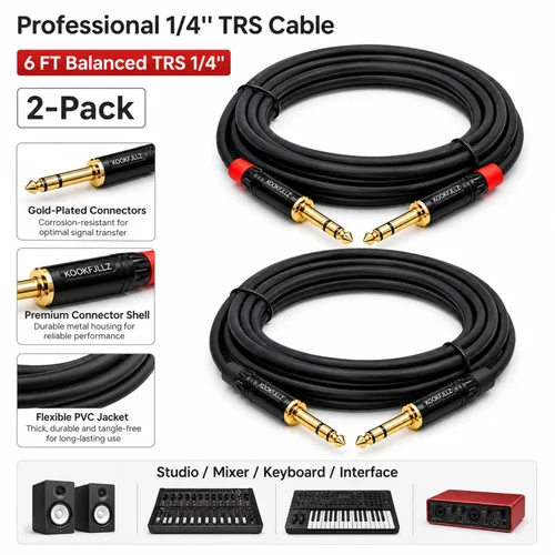 Vista 4 de Cable de altavoces, TRS equilibrado de 6 pies 1/4 ", paquete de 2