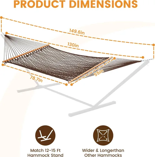 Vista 6 de Lazy Daze Hammocks Hamaca de Cuerda Doble, Hamaca Tradicional de Cuerda de Algodón Tejida a Mano para 2 Personas al Aire Libre con Barra Separadora