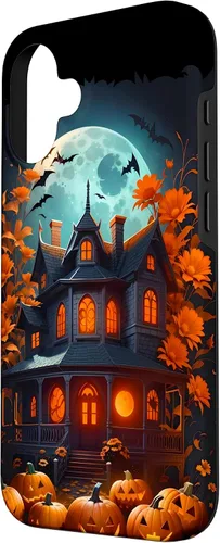 Vista 2 de iPhone 16 Halloween Spooky Haunted House Bats & Carved Pumpkins Case