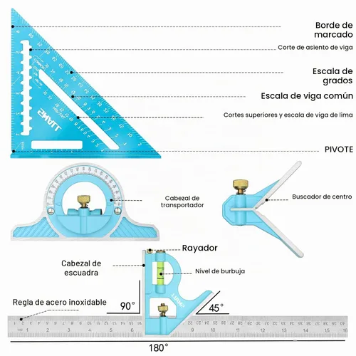 Vista 5 de SHALL Juego de herramientas de escuadra de cercha y escuadra combinada, escuadra de carpintero de 17,8 cm de aleación de aluminio y escuadra