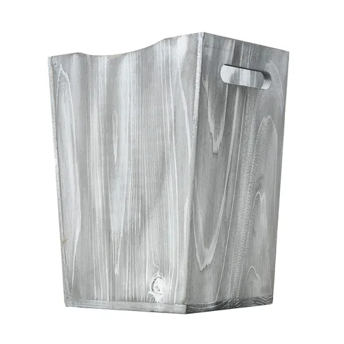 Vista 6 de Papelera rústica de madera estilo granja con dos asas recortadas para dormitorio, sala de estar, baño y oficina, contenedor de basura (blanco lavado)