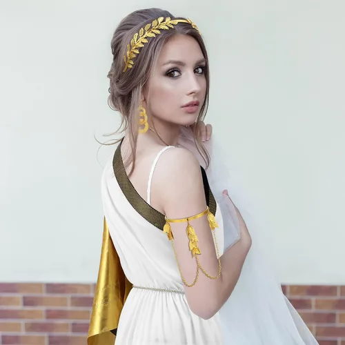 Vista 2 de 6 piezas de disfraz griego de Halloween, accesorio de Toga para mujer, corona de oro griego, diadema, pulsera, aretes