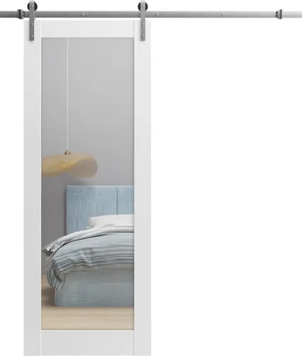 Vista 8 de SARTODOORS Puerta de granero resistente de 18 x 80 pulgadas Lucia 1299 negro mate con espejo Juego de perchas de riel de 6.6 pies Puertas