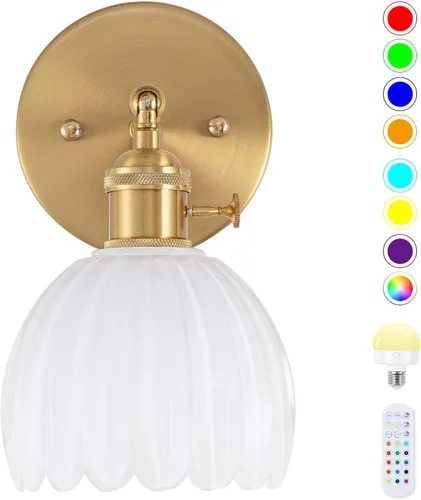 Vista 16 de Juego de dos apliques de pared vintage, funciona con pilas, con pantalla de cristal de tulipán verde oscuro, lámpara de pared recargable con control