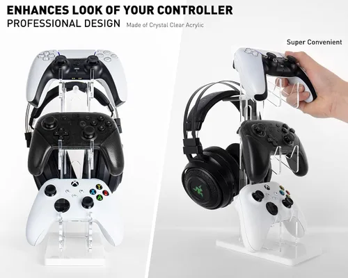 Vista 22 de OAPRIRE Headset and Controller Stand with Lights, 2 Tier Acrylic Game Controller Holder, Controller and Headset Stand for Desktop,Universal Design