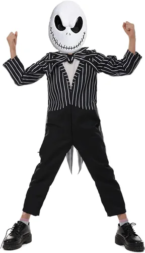 Vista 2 de Disfraz de Jack Skellington para niños, overol de esqueleto Skellington con máscara, disfraces de Halloween, accesorios de cosplay