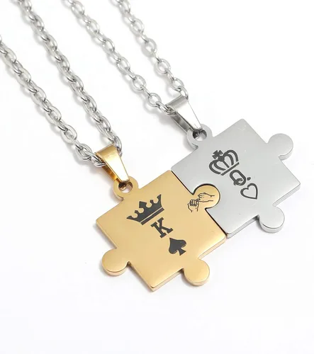 Vista 4 de Collar para parejas, hombres y mujeres, rompecabezas a juego, juego de dije de acero inoxidable K & Q, el mejor regalo para novio, novia en el día