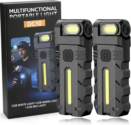 Vista 10 de Luz de trabajo LED con cabezal giratorio de 180°, doble haz, base magnética y recargable USB-C, mini llavero, linterna manos libres con clip