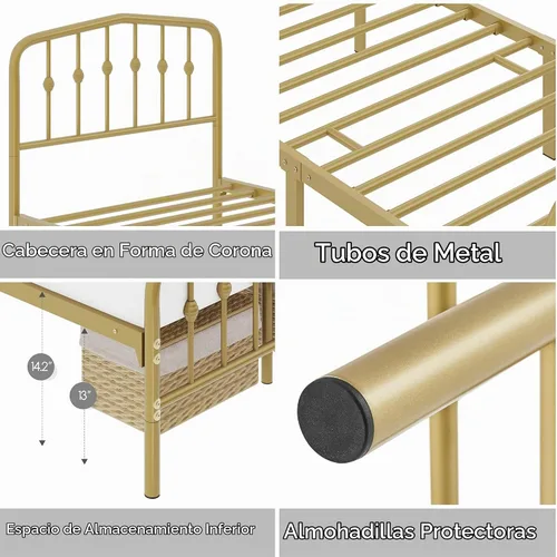 Vista 7 de Yaheetech - Base de cama metálica de tamaño individual con plataforma de cama de metal con cabecero y estribo de estilo victoriano/Fácil montaje/Sin