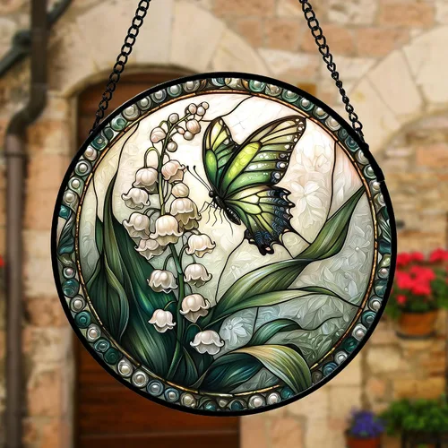 Vista 5 de DASTOLL Colgante de vidrio emplomado para ventana, diseño de lirio del valle, mariposa, atrapasol para puertas, hogar, atrapasoles decoración