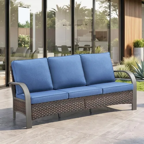 Vista 11 de Rilyson 3 Seat Outdoor Wicker Couch, Rattan Patio Sofa with Grey Cushions Brown/Grey