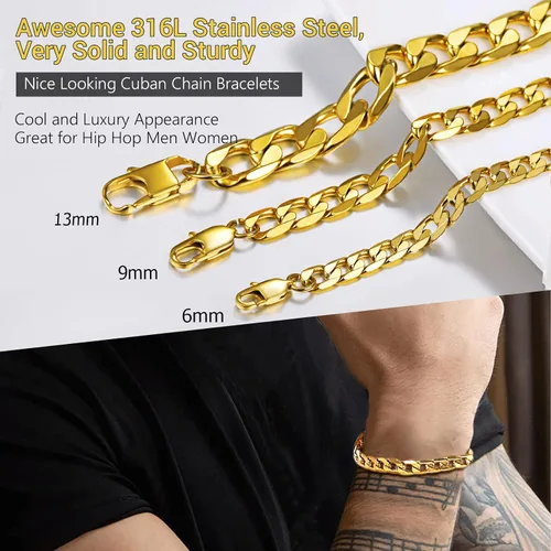 Vista 3 de PROSTEEL - Cadena, brazalete cubano de acero inoxidable unisex, negro, chapado en oro de 18 quilates, sin níquel, joyería hipoalergénica, 4-13 mm