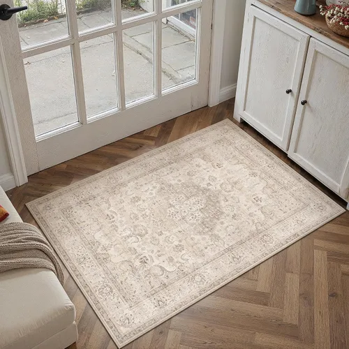 Vista 48 de PureCozy Alfombra de área beige de 2 x 3 pulgadas, lavable, vintage, pequeña, para entrada, cocina, suave, retro, floral, de pelo bajo, tapete
