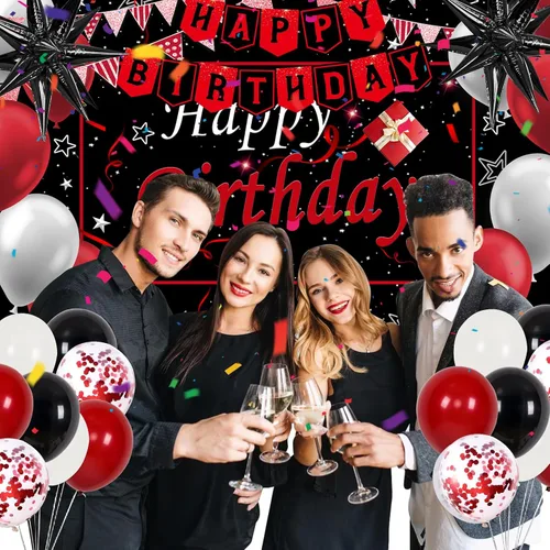 Vista 3 de Decoraciones de Cumpleaños Rojas para Hombres Mujeres Niños Niñas, 75 PCS Decoraciones de Fiesta Rojas y Negras Telón de Fondo Pancarta de Feliz