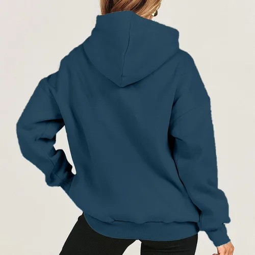 Vista 3 de Sudaderas de invierno para mujer, casual, color sólido, sudaderas con capucha y cordón de manga larga, camisas regulares