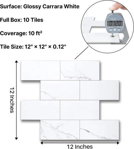 Vista 2 de COLAMO Protector contra salpicaduras de lujo de 10 hojas que se despega y pega, azulejo de metro blanco de piedra sintética autoadhesiva de 12"x12