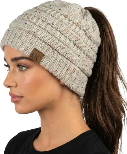 Vista 39 de Funky Junque Gorro de Cola de Caballo para Mujeres - Gorro de Invierno Ponyback Suave Elástico de Punto Trenzado Cola Alta Gorros para Correr