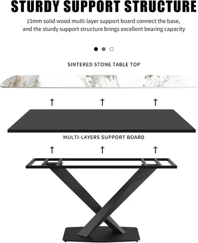 Vista 6 de Mesa de comedor moderna, mesa de comedor de piedra sinterizada blanca antigua con base de acero al carbono sólido en forma de X, mesa de comedor