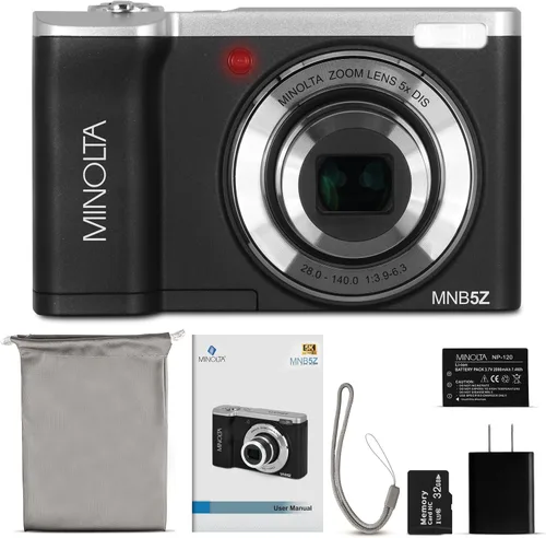 Vista 2 de Minolta Cámara Digital de Doble Objetivo de 56 MP – Zoom Óptico 5X, Vídeo Ultra HD 5K, Sensor CMOS, Pantalla LCD de 2.8 Pulgadas, Estabilización