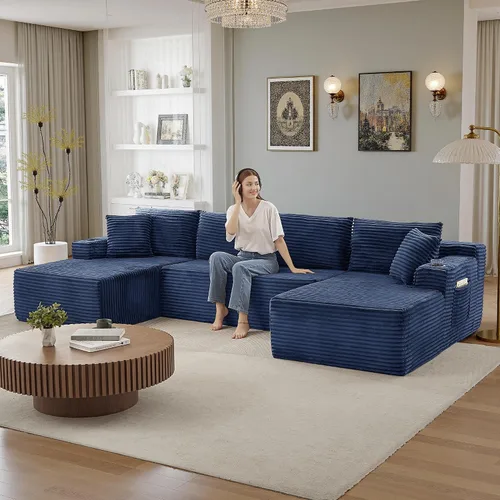 Vista 64 de Sofá modular moderno de 96 pulgadas para sala de estar, sofá modular tapizado sin hueso con bolsillos, cómodo sofá nube con diván en forma de L Negro