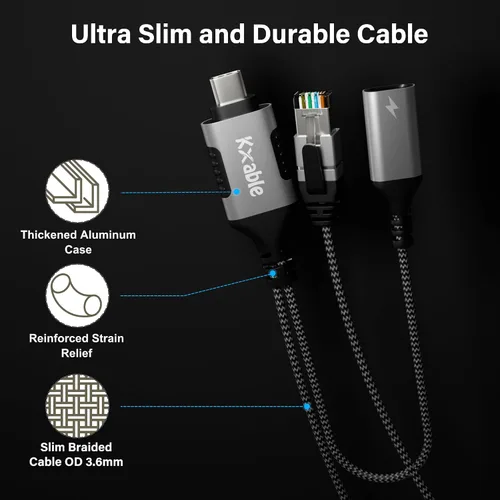 Vista 5 de Cable USB C a Ethernet de 4 pies, cable tipo C a RJ45 con USB-C hembra de 65 W PD carga rápida, Internet y carga dos en uno, red LAN Gigabit